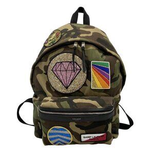 Auth SAINT LAURENT PARIS - 437087 Khaki Black Multi Canvas Leather Backpack